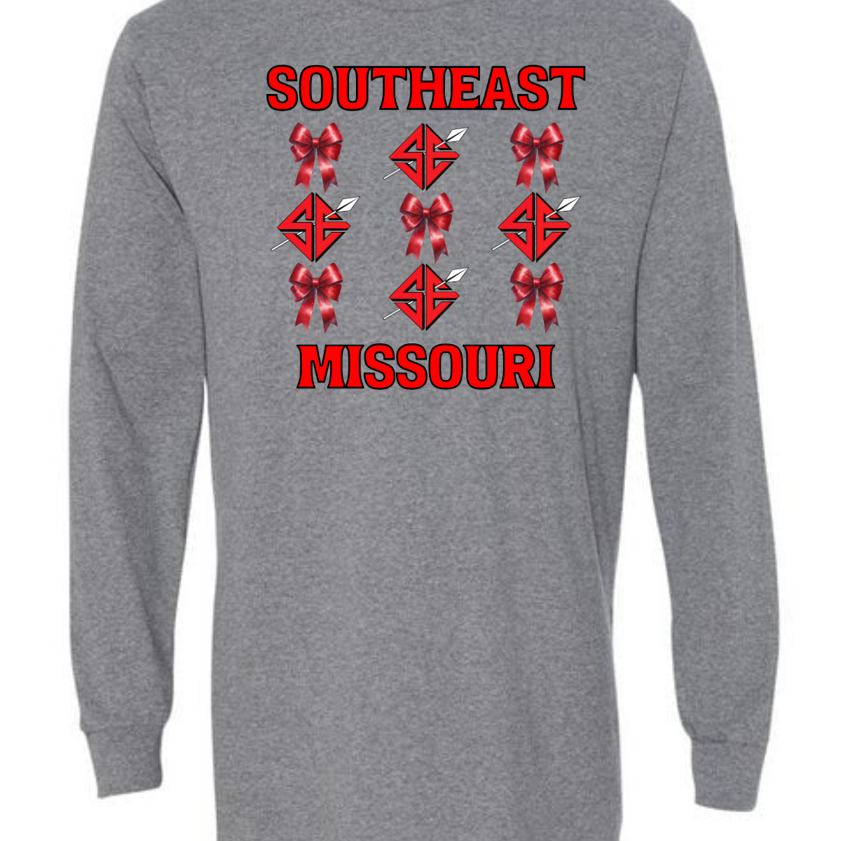 Show off your collegiate pride with our SEMO Sagamore Bow! With a grid pattern of red croquette bows and the SE spear logo, the word "southeast" displayed on the top and "Missouri" on the bottom, this shirt is perfect for any SEMO fan. The front pocket design features a matching red croquette bow. Available in short or long sleeve options. Shop at Gorgeousware.com