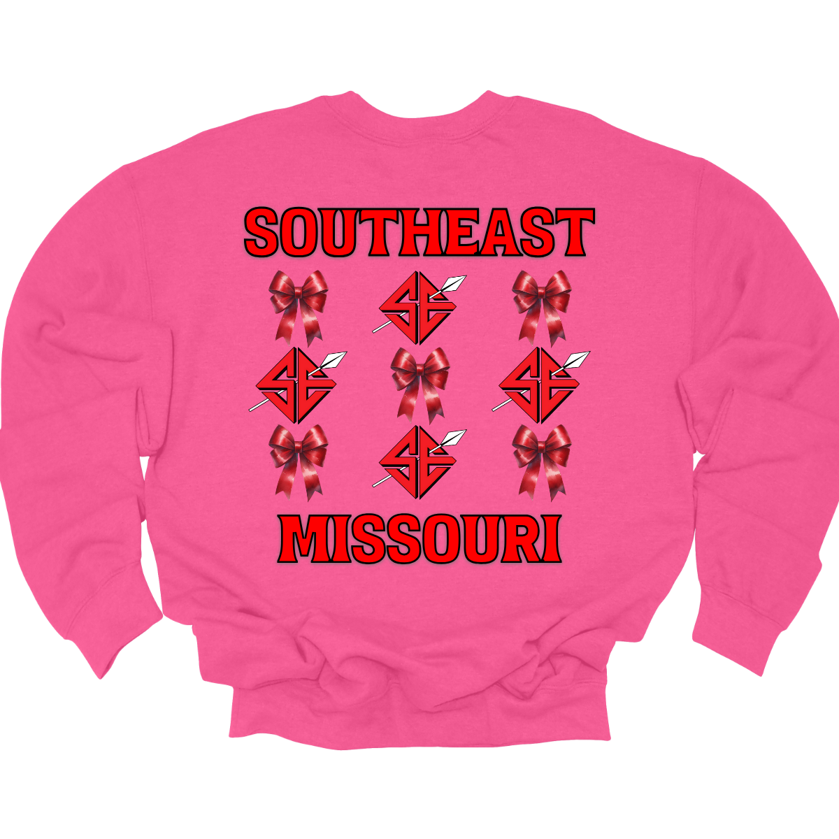 **The front will have a bow on the left chest pocket area.

Show off your collegiate pride with our SEMO Sagamore Bow! With a grid pattern of red croquette bows and the SE spear logo, the word "southeast" displayed on the top and "Missouri" on the bottom, this shirt is perfect for any SEMO fan. The front pocket design features a matching red croquette bow. Available in short or long sleeve options. Shop at Gorgeousware.com