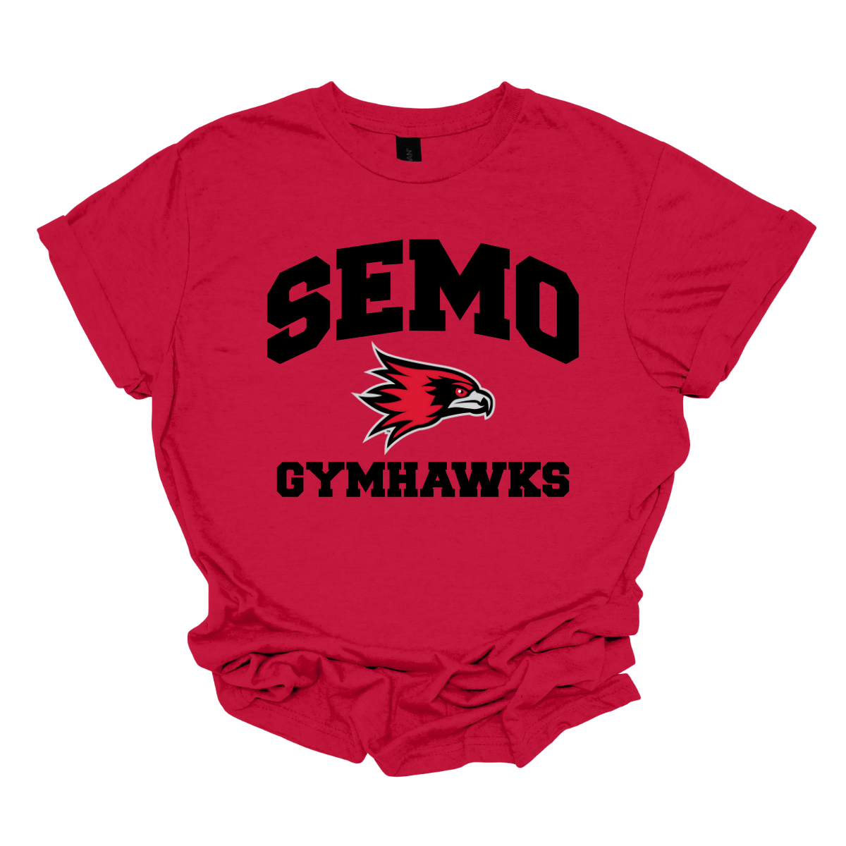 Red t-shirt with 'SEMO Gymhawks' text and logo on a white background