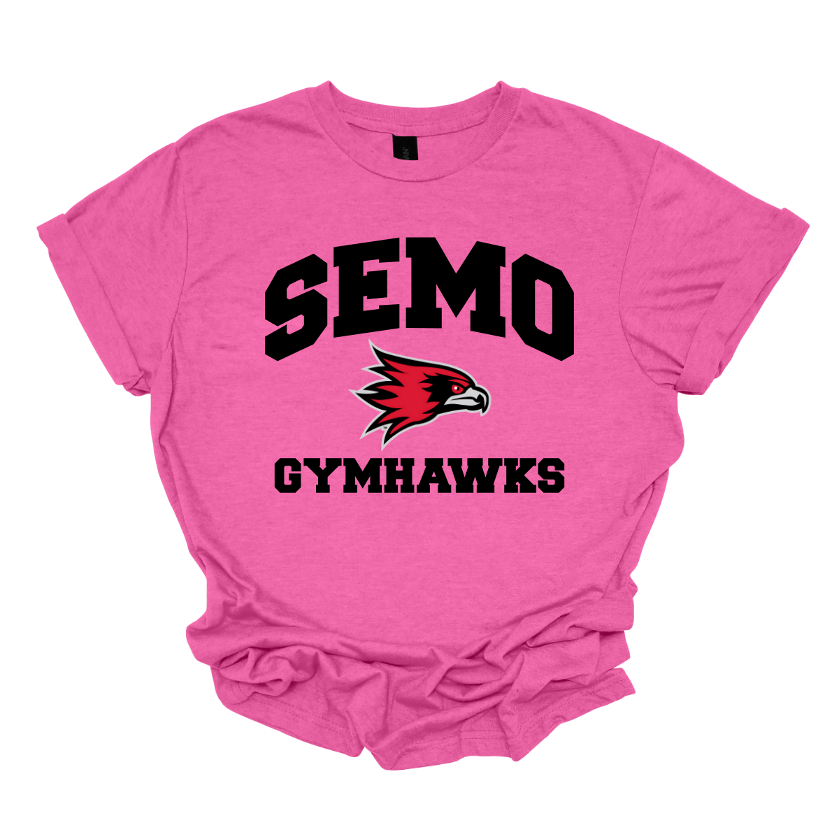 Pink t-shirt with 'SEMO Gymhawks' text and logo on a white background