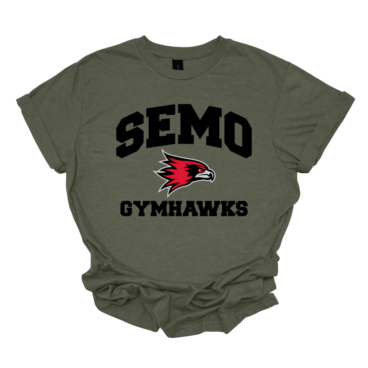 Green t-shirt with 'SEMO Gymhawks' text and logo on a white background
