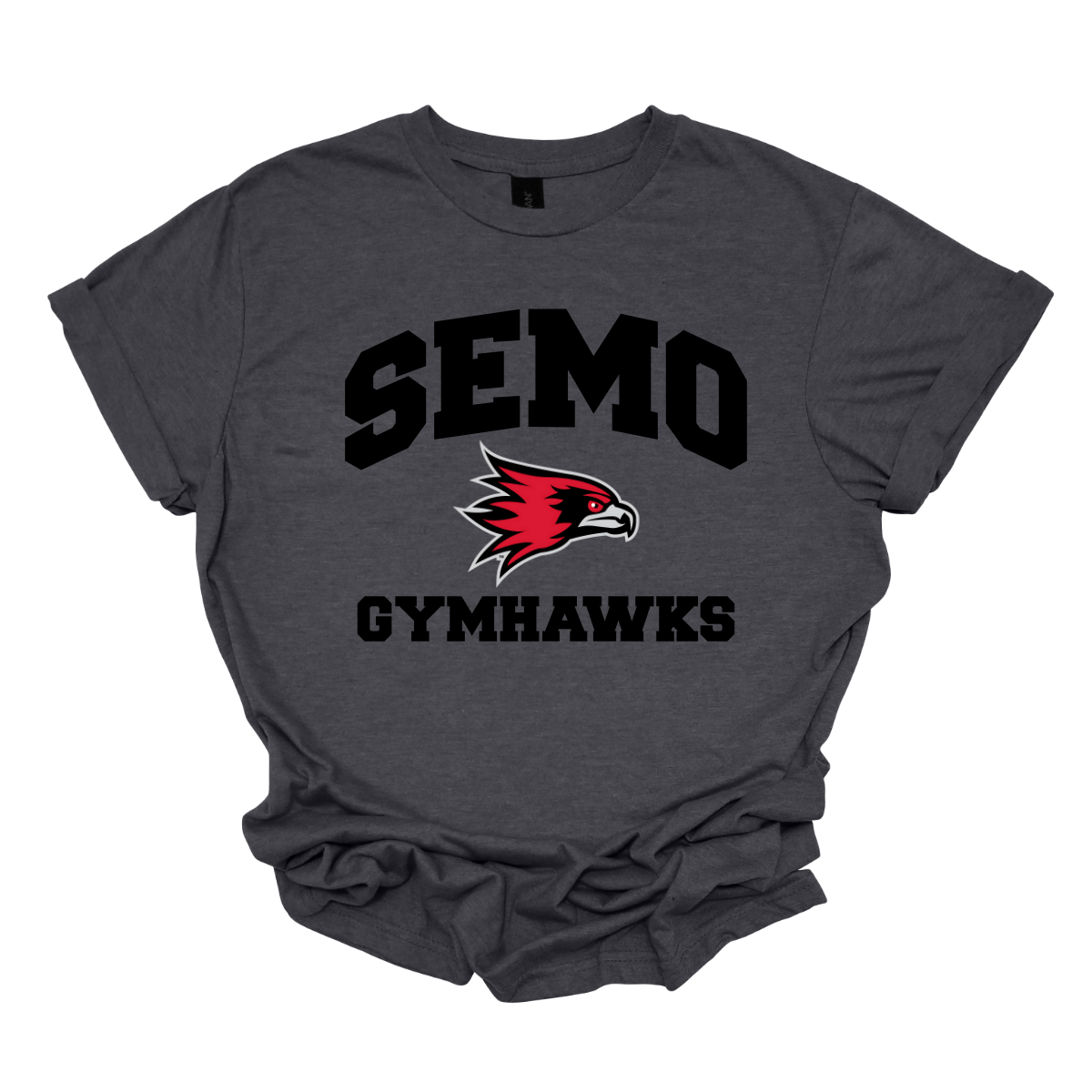 Gray t-shirt with 'SEMO Gymhawks' text and logo on a white background