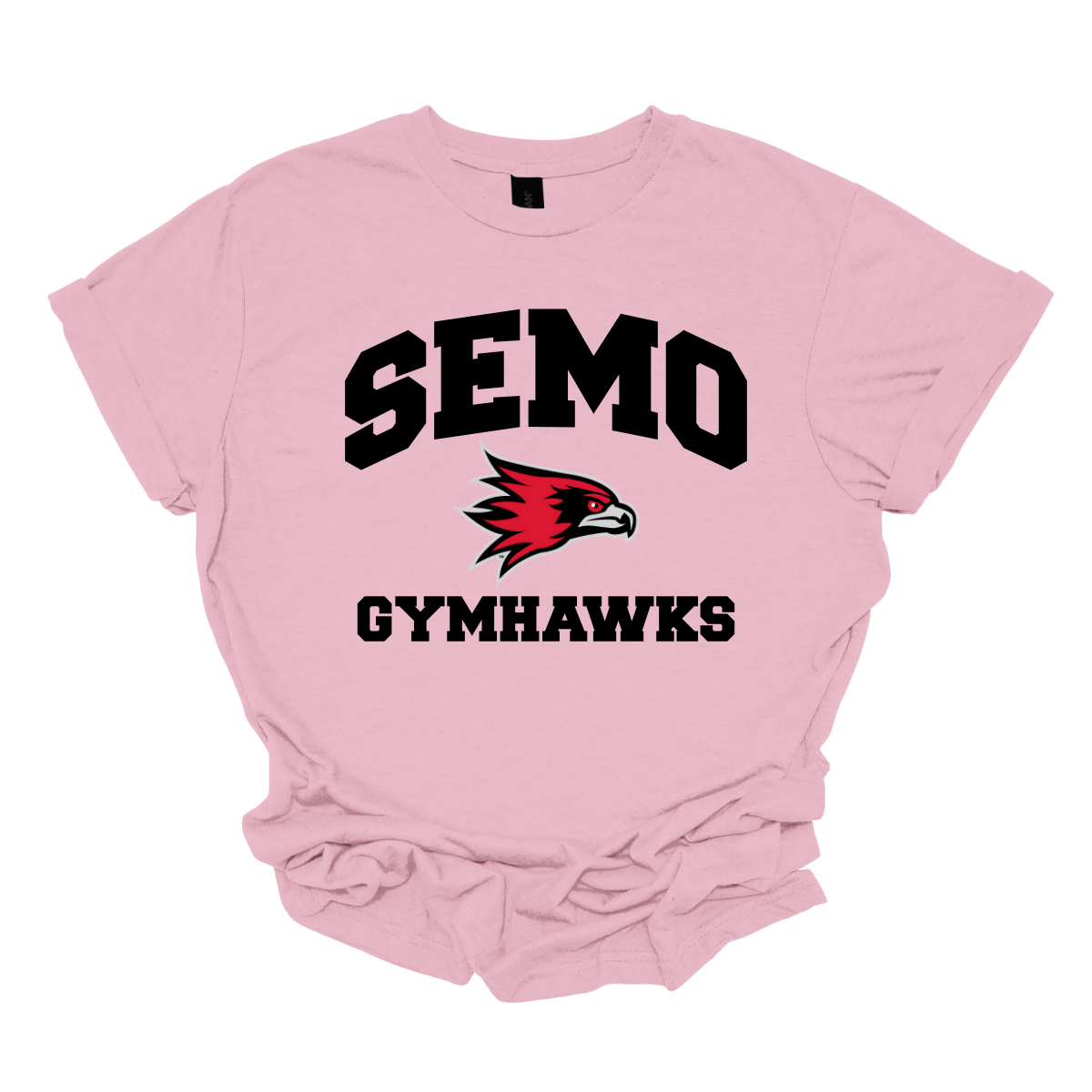 Pink t-shirt with 'SEMO Gymhawks' text and logo on a white background