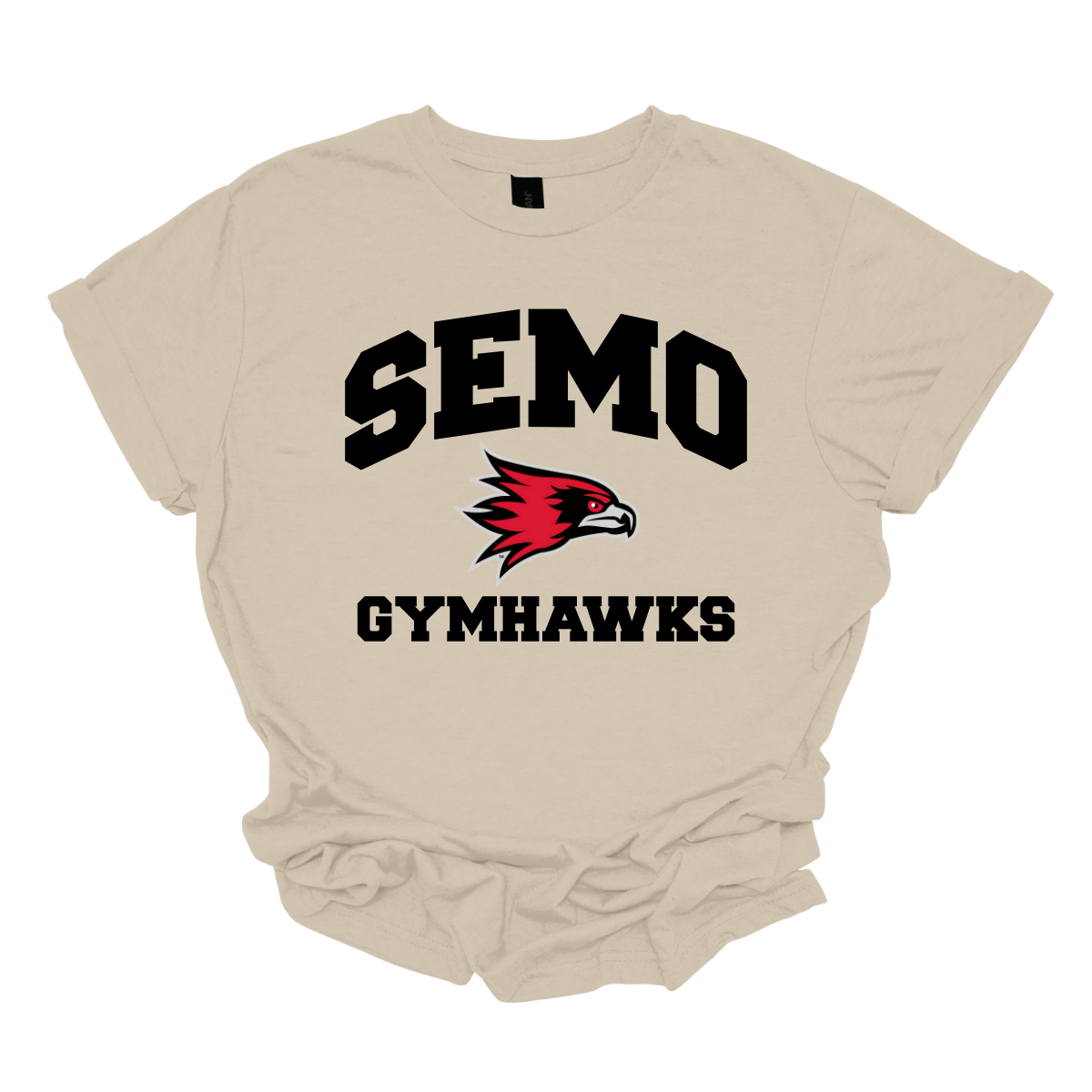 Beige t-shirt with 'SEMO Gymhawks' text and logo on a white background