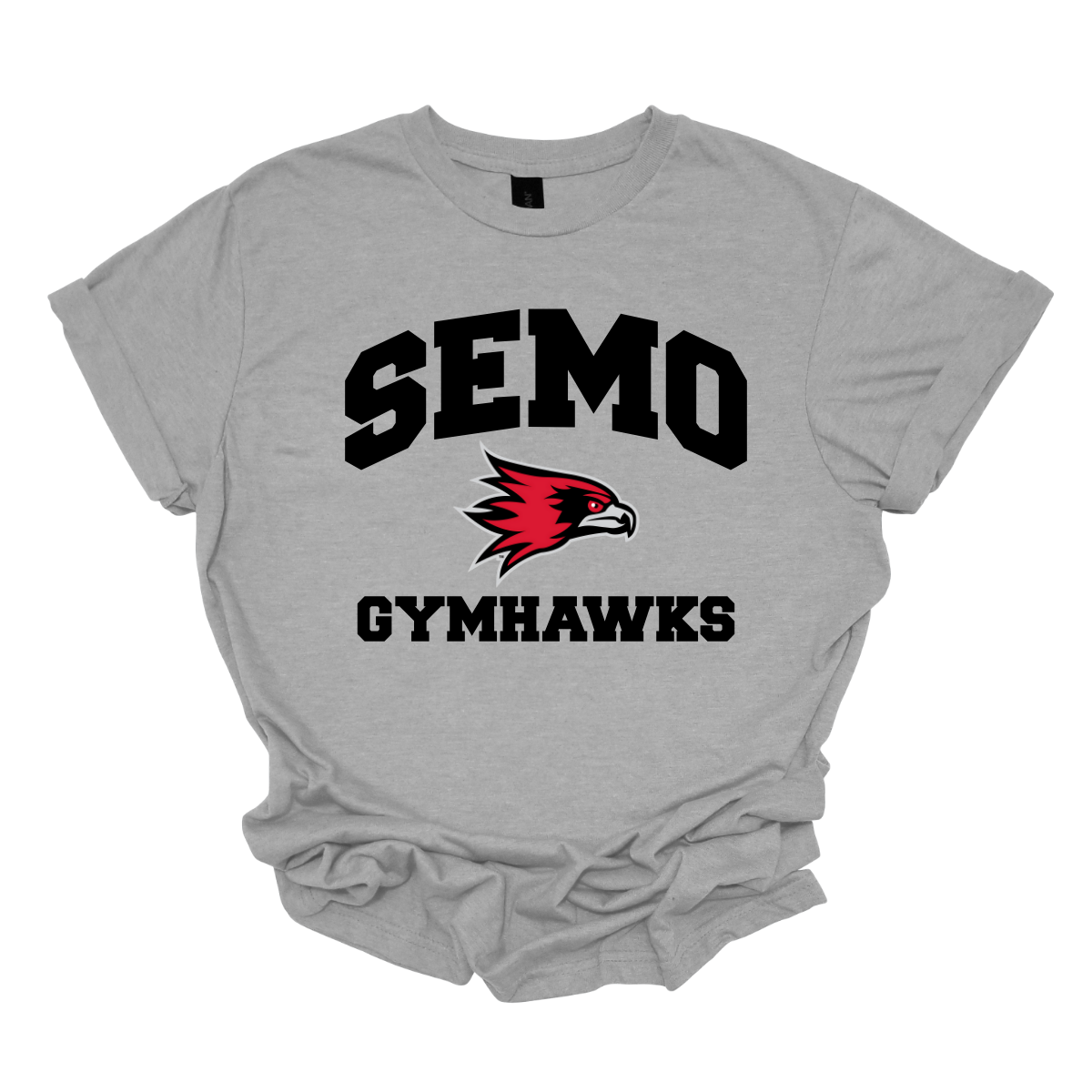 Gray t-shirt with 'SEMO Gymhawks' text and logo on a white background