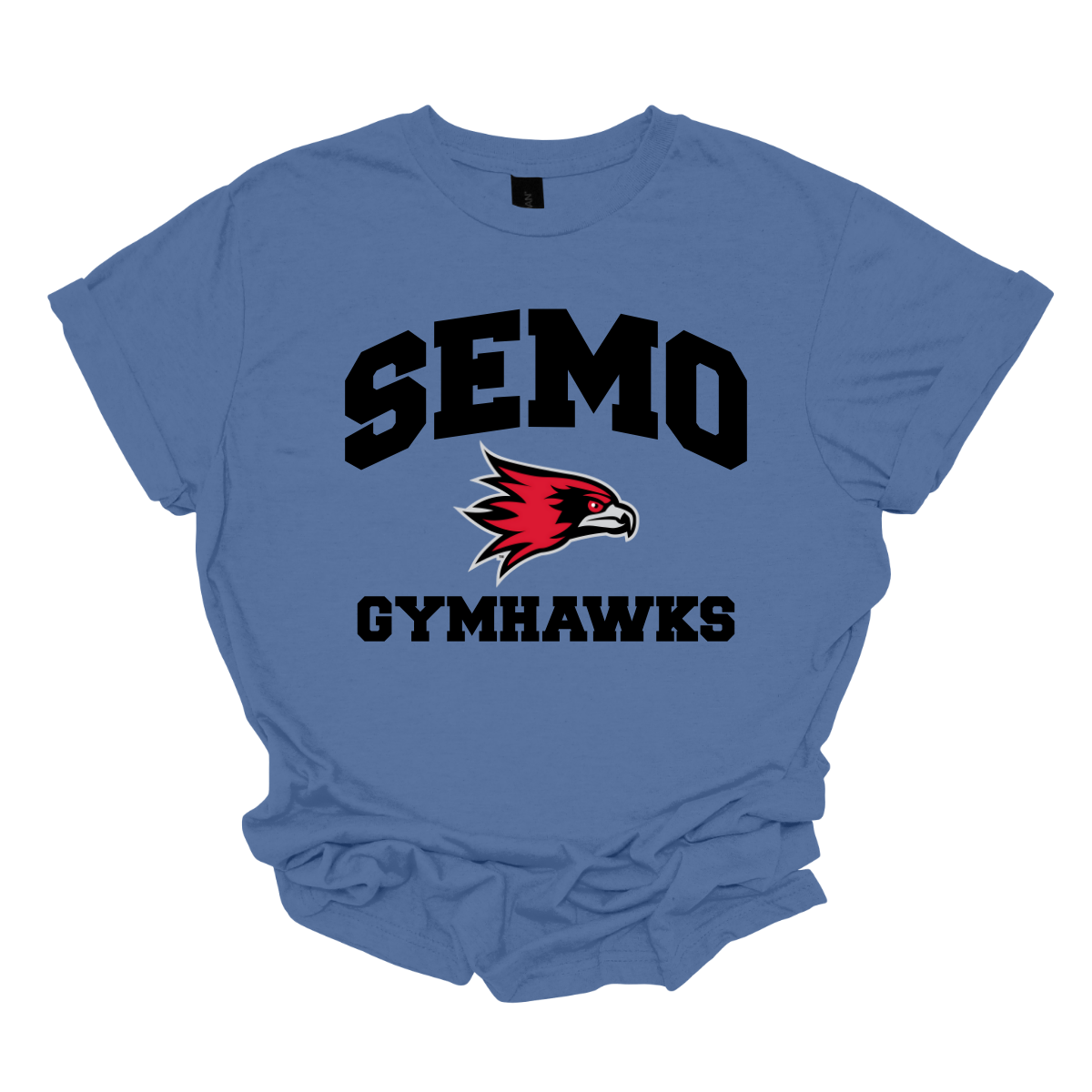 Blue t-shirt with 'SEMO Gymhawks' text and logo on a white background