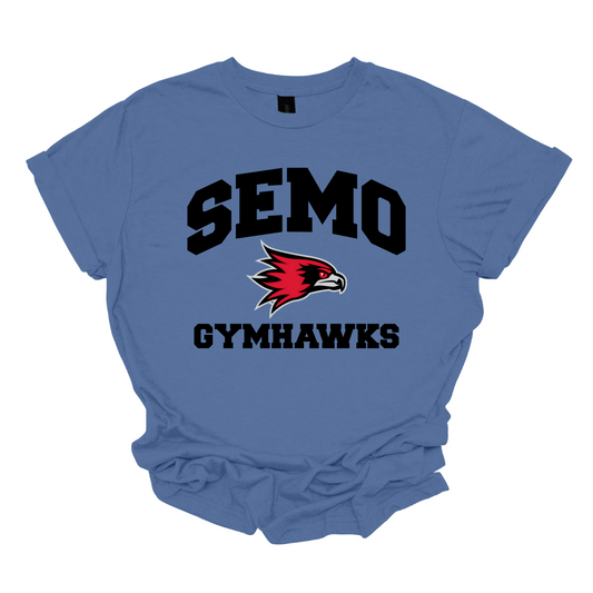 Blue t-shirt with 'SEMO Gymhawks' text and logo on a white background