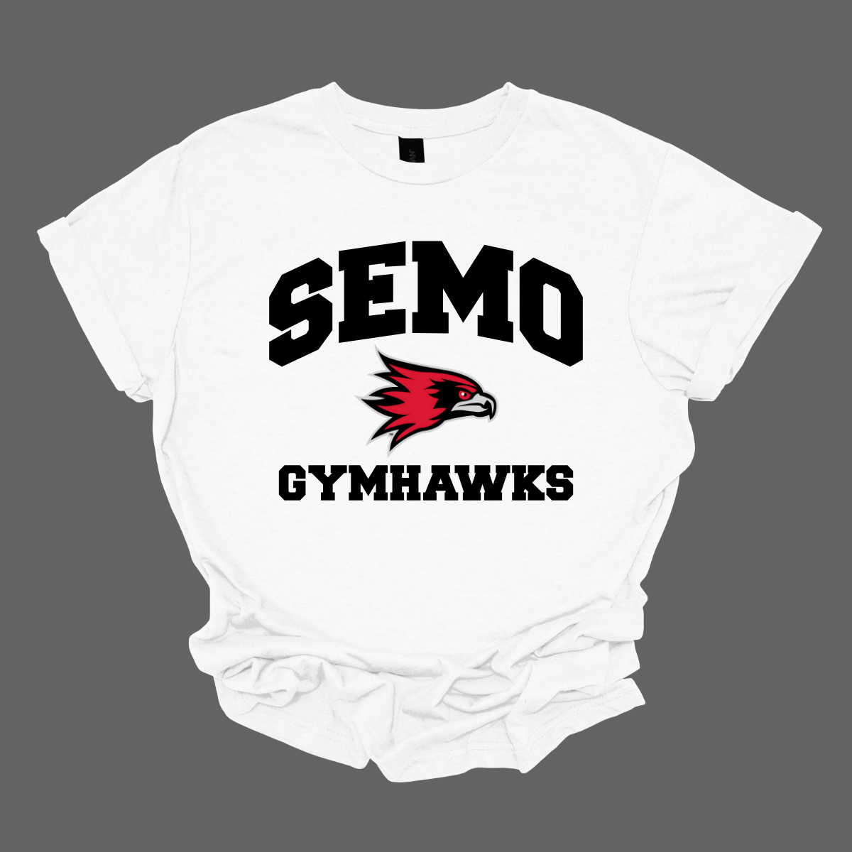 White t-shirt with 'SEMO Gymhawks' text and red and black logo on a gray background