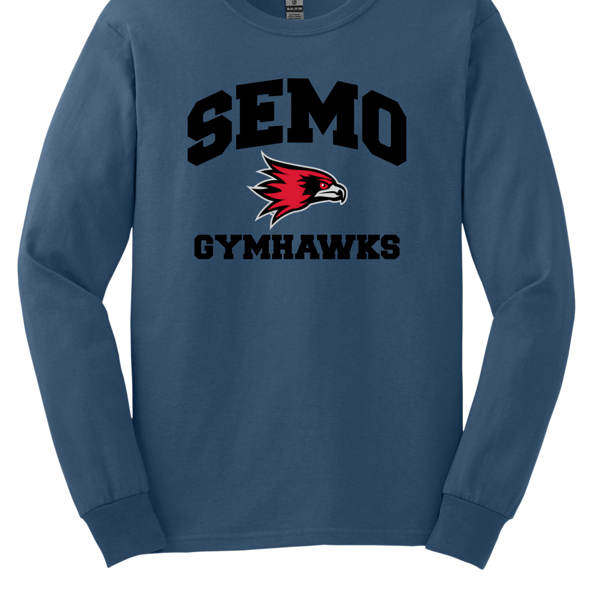 Blue long-sleeve shirt with 'SEMO Gymhawks' text and logo on a white background