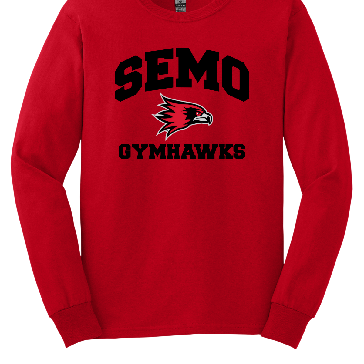 Red long-sleeve shirt with 'SEMO Gymhawks' text and logo on a white background