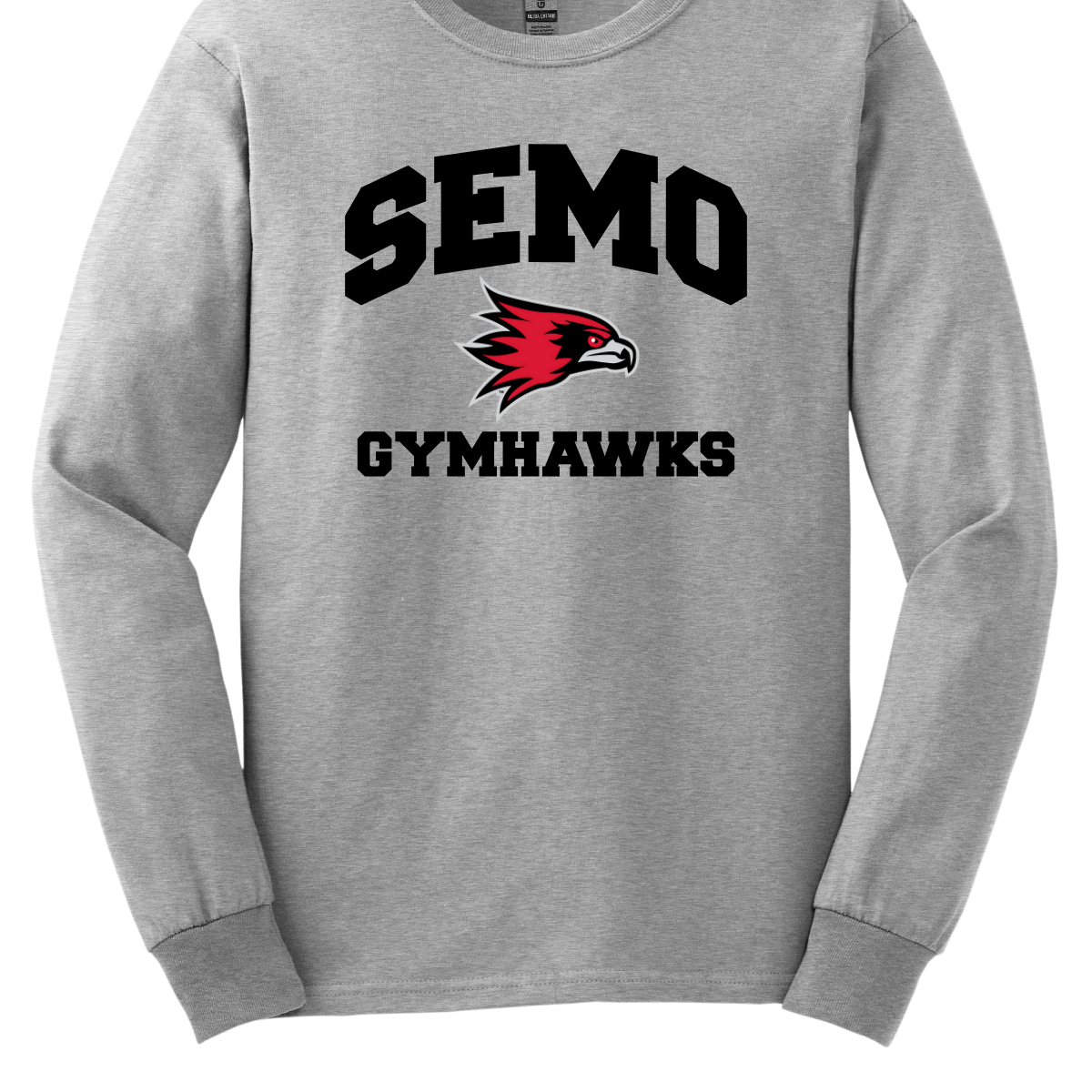 Gray long-sleeve shirt with 'SEMO Gymhawks' text and logo on a white background