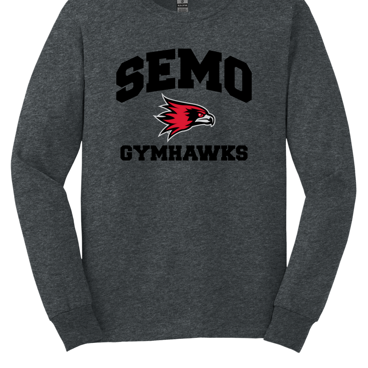 Dark gray long-sleeve shirt with 'SEMO Gymhawks' text and logo on a white background