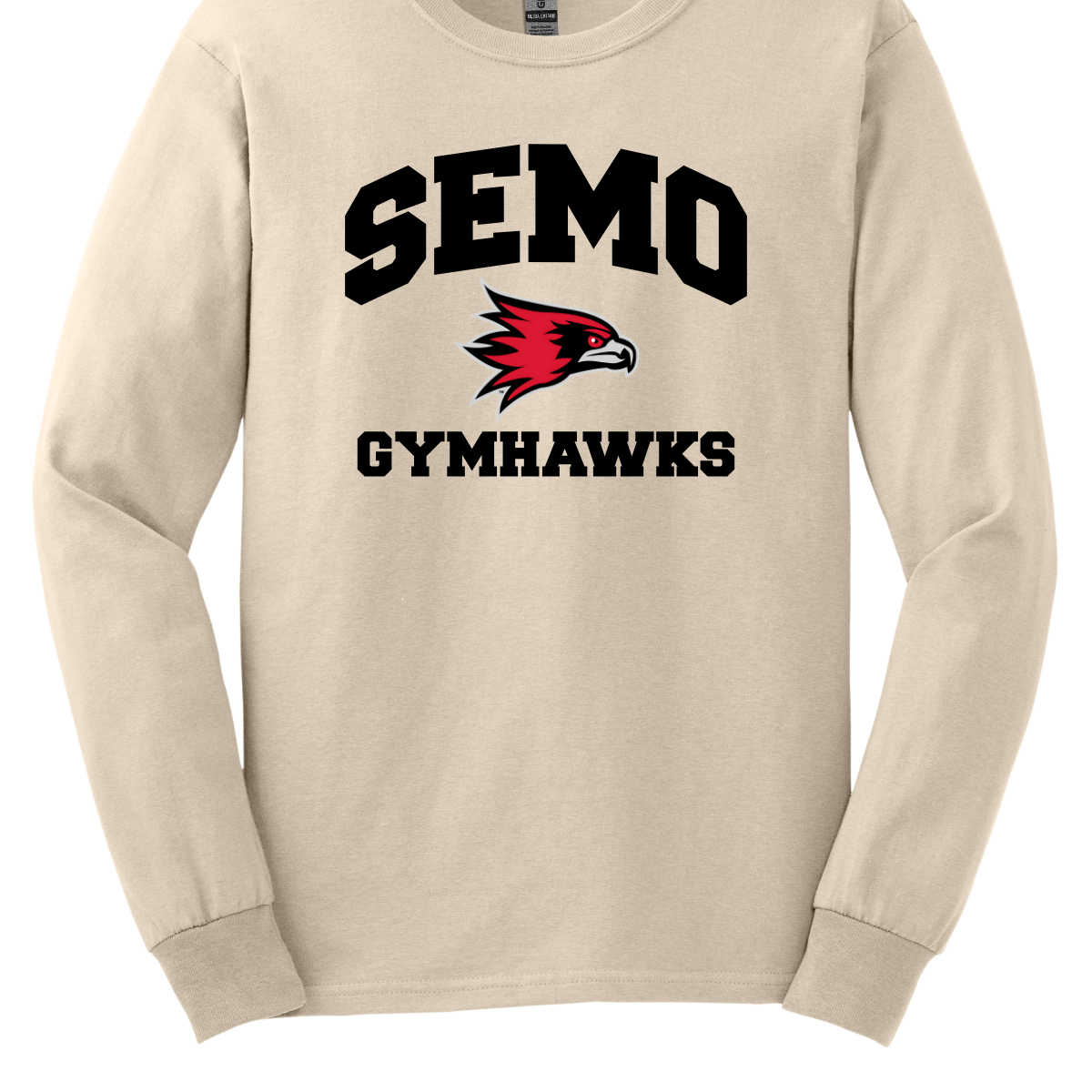 Beige long-sleeve shirt with 'SEMO Gymhawks' text and logo on a white background