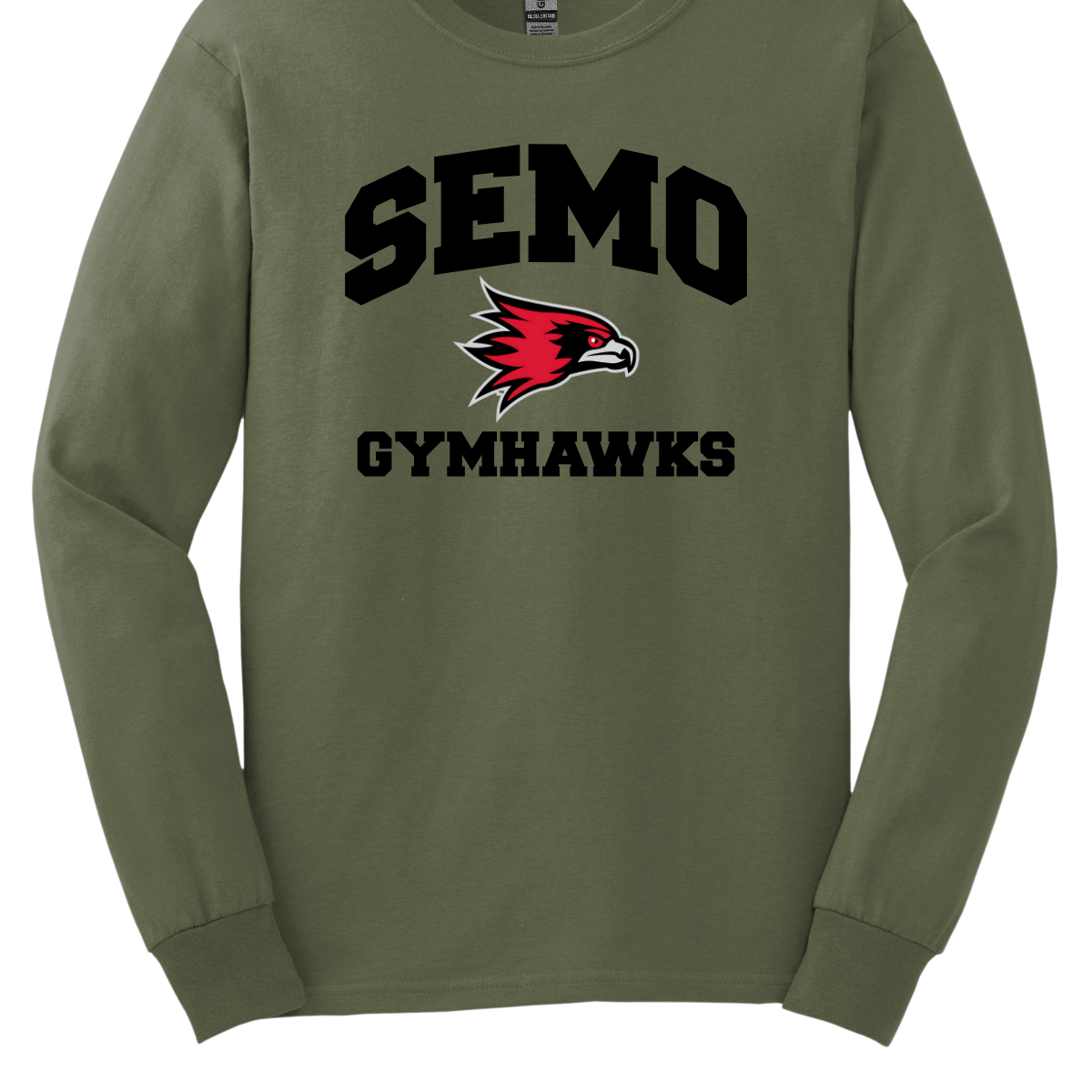 Green long-sleeve shirt with 'SEMO Gymhawks' text and logo on a white background
