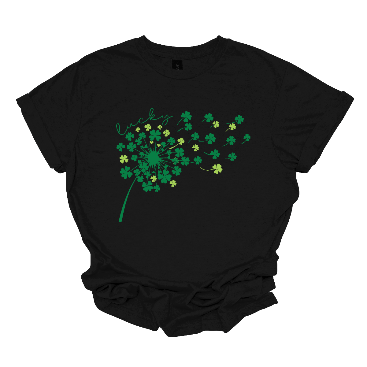 This St. Patrick's Day t-shirt features a beautiful dandelion design made entirely of shamrocks, with the petals gently blowing in the wind. Each shamrock petal comes in various shades of green, creating a dynamic, nature-inspired look. The wind carries the shamrocks delicately across the design, evoking a sense of freedom and luck. The design is both whimsical and festive, perfect for celebrating the season. Celebrate in style this St. Patrick's Day with this charming design, available at Gorgeousware.com.