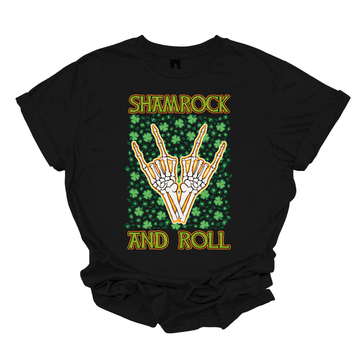 Introducing our "Shamrock and Roll" T-shirt – a unique and edgy garment that combines the spirit of St. Patrick's Day with a rock 'n' roll twist. This shirt features a dynamic design with skeleton fingers rocking out amidst a backdrop of vibrant shamrocks, creating a visually striking and energetic representation of the theme. Shop at Gorgeousware.com