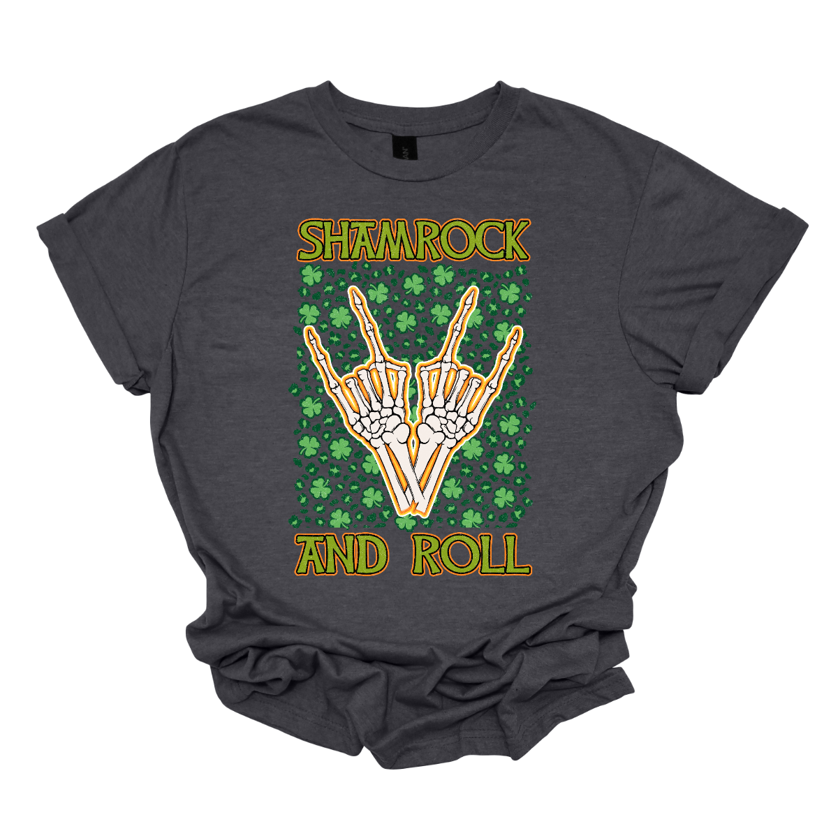 Introducing our "Shamrock and Roll" T-shirt – a unique and edgy garment that combines the spirit of St. Patrick's Day with a rock 'n' roll twist. This shirt features a dynamic design with skeleton fingers rocking out amidst a backdrop of vibrant shamrocks, creating a visually striking and energetic representation of the theme. Shop at Gorgeousware.com