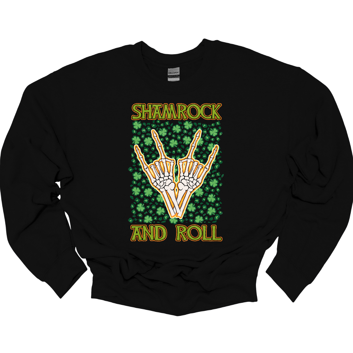 Introducing our "Shamrock and Roll" T-shirt – a unique and edgy garment that combines the spirit of St. Patrick's Day with a rock 'n' roll twist. This shirt features a dynamic design with skeleton fingers rocking out amidst a backdrop of vibrant shamrocks, creating a visually striking and energetic representation of the theme. Shop at Gorgeousware.com