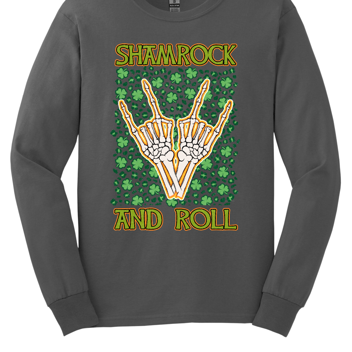 Introducing our "Shamrock and Roll" T-shirt – a unique and edgy garment that combines the spirit of St. Patrick's Day with a rock 'n' roll twist. This shirt features a dynamic design with skeleton fingers rocking out amidst a backdrop of vibrant shamrocks, creating a visually striking and energetic representation of the theme. Shop at Gorgeousware.com