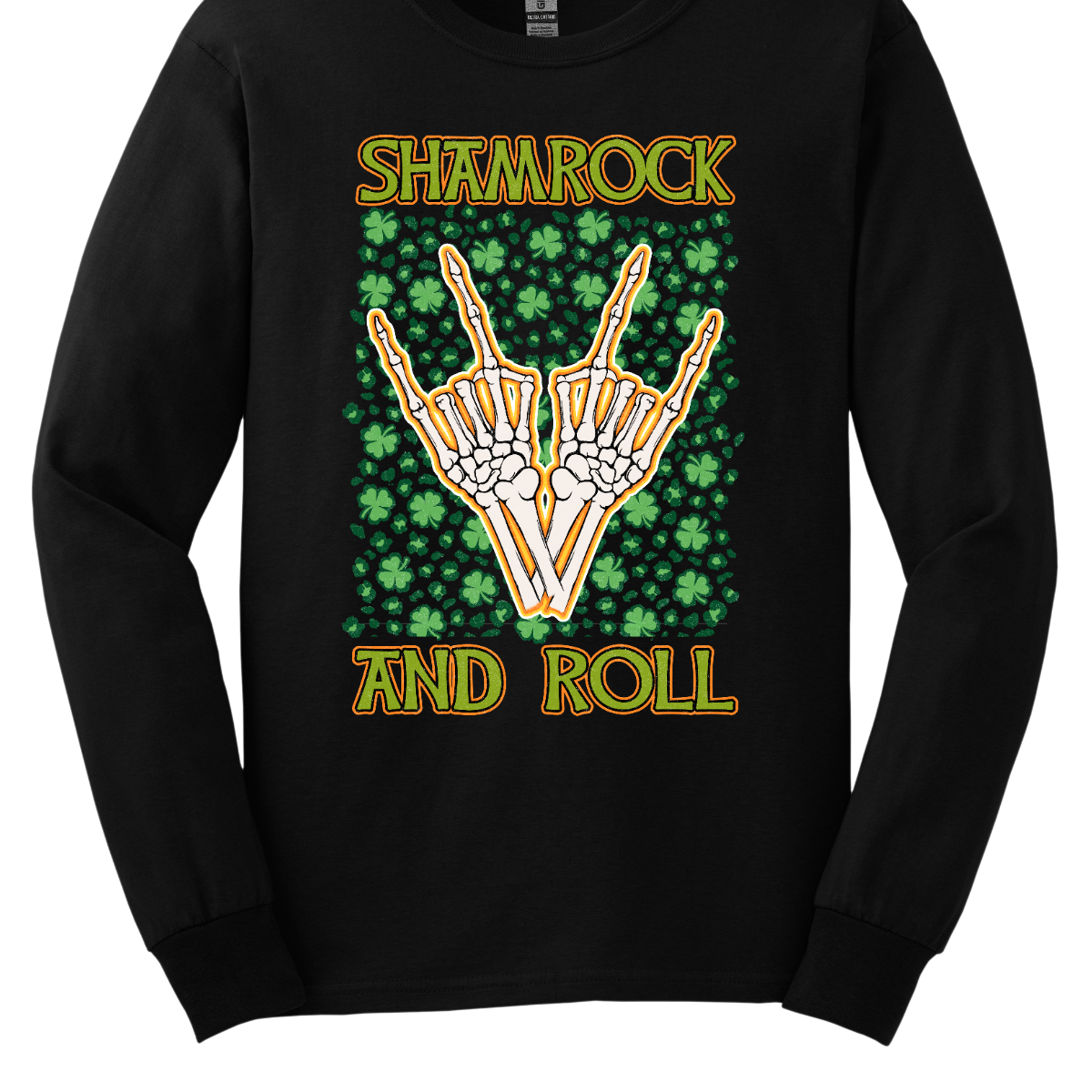 Introducing our "Shamrock and Roll" T-shirt – a unique and edgy garment that combines the spirit of St. Patrick's Day with a rock 'n' roll twist. This shirt features a dynamic design with skeleton fingers rocking out amidst a backdrop of vibrant shamrocks, creating a visually striking and energetic representation of the theme. Shop at Gorgeousware.com