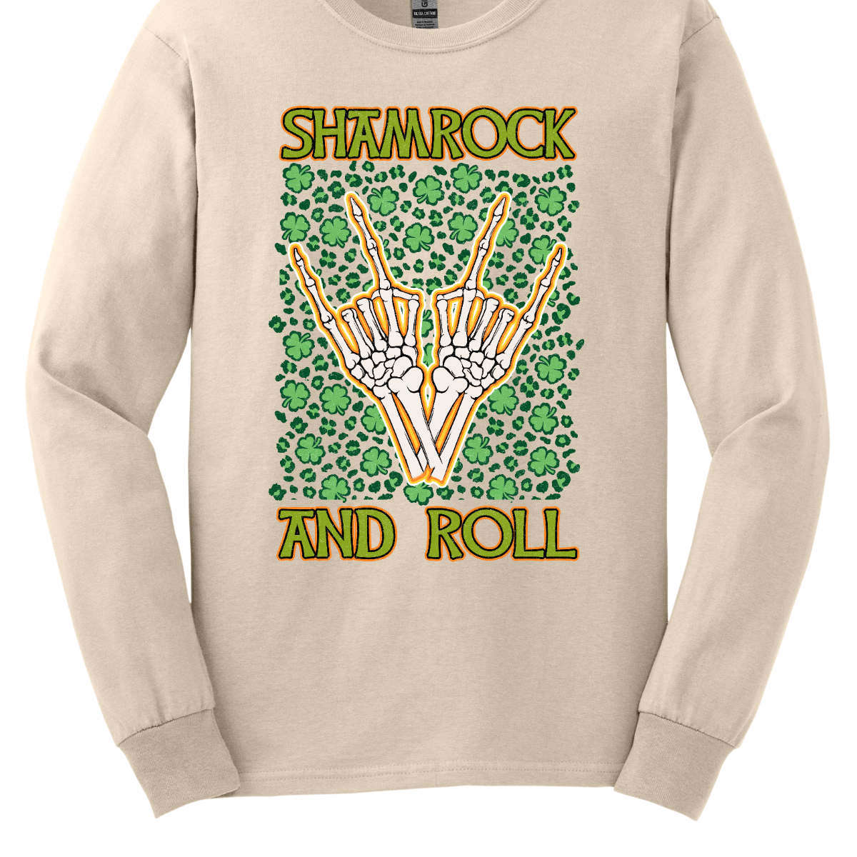 Introducing our "Shamrock and Roll" T-shirt – a unique and edgy garment that combines the spirit of St. Patrick's Day with a rock 'n' roll twist. This shirt features a dynamic design with skeleton fingers rocking out amidst a backdrop of vibrant shamrocks, creating a visually striking and energetic representation of the theme. Shop at Gorgeousware.com