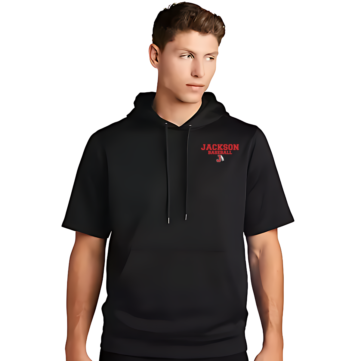 Person wearing a black hoodie with 'Jackson Baseball' text on a white background