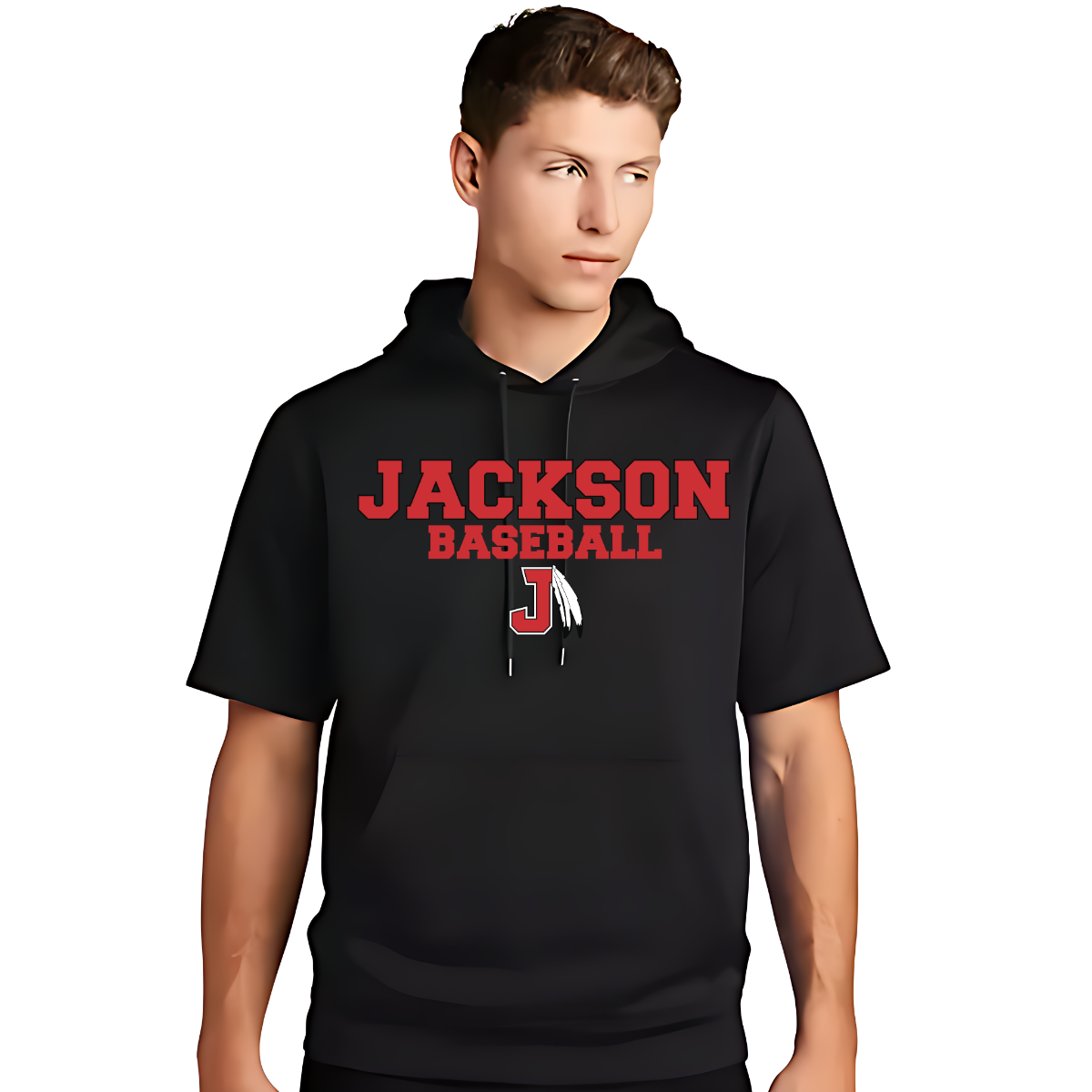Person wearing a black hoodie with 'Jackson Baseball' text and logo on a white background