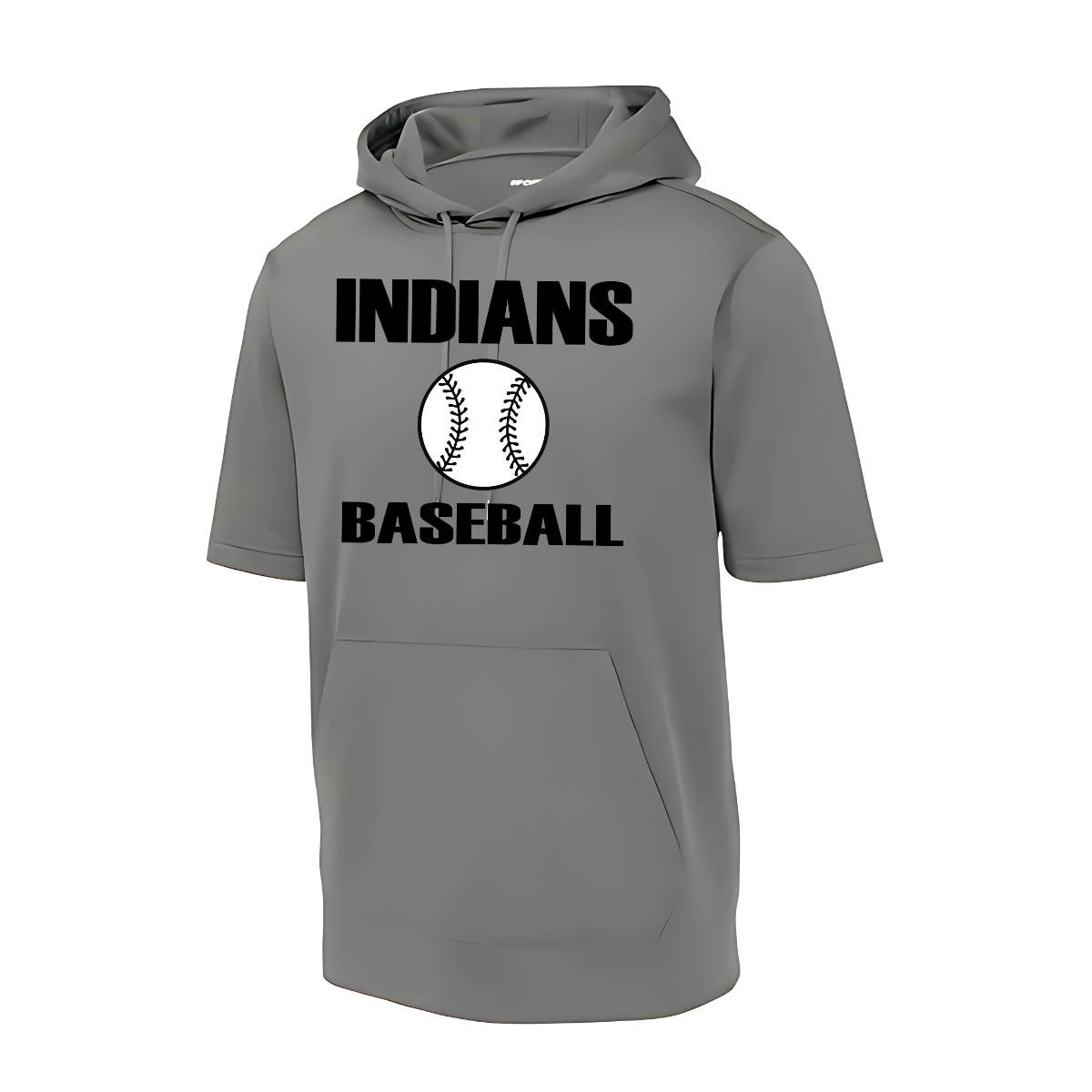 Gray hoodie with 'INDIANS BASEBALL' text and a baseball graphic on a white background