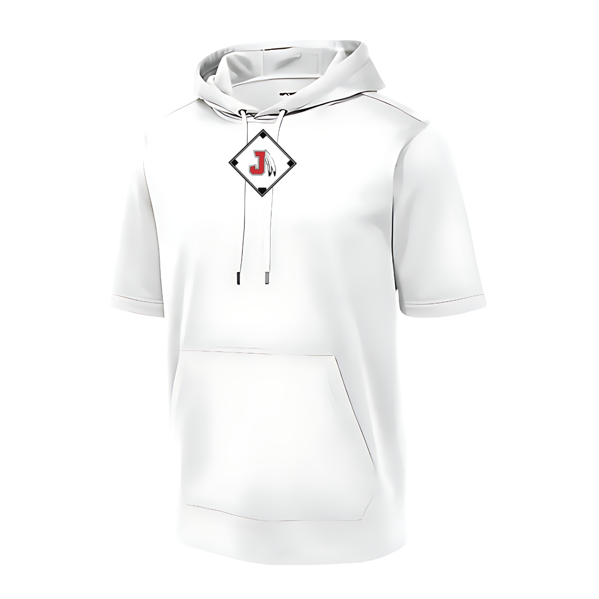 White hoodie with a brand tag on a white background
