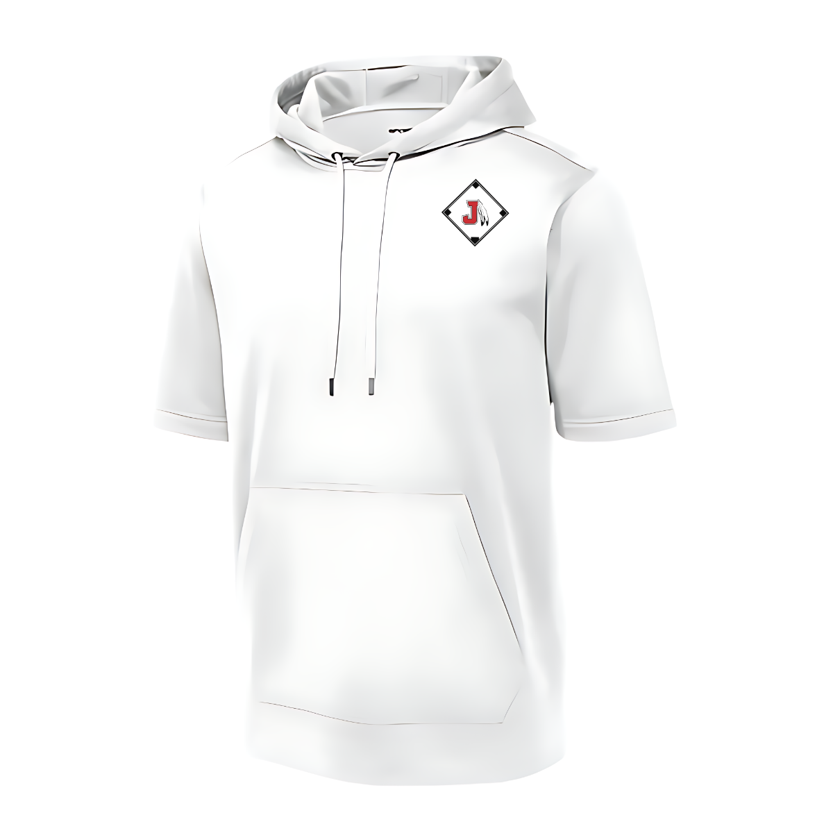 White hoodie with a logo on the chest against a white background