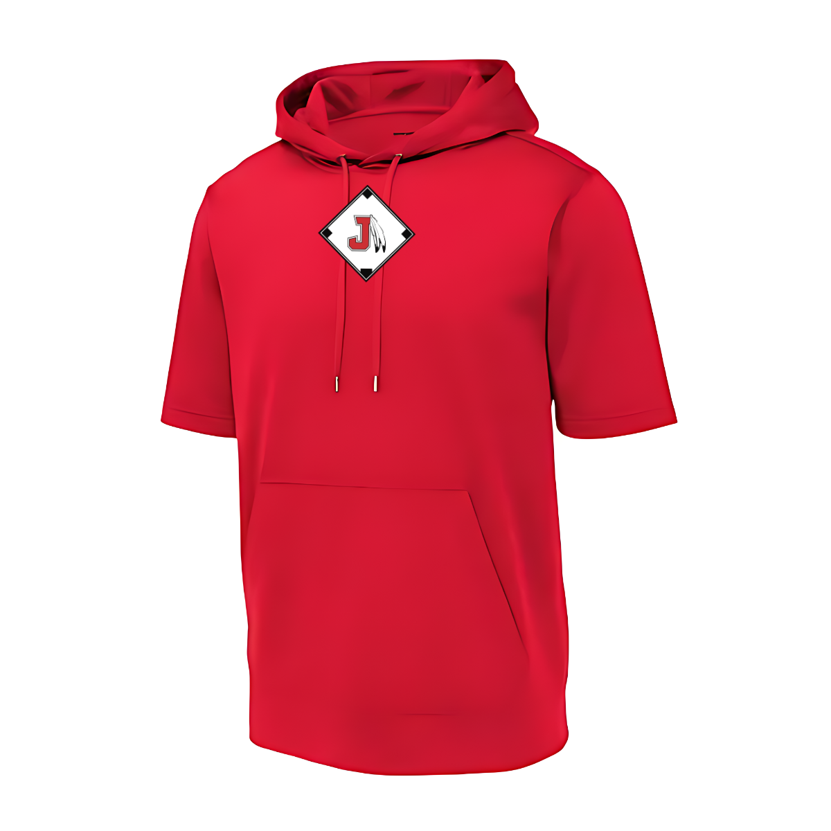 Red hoodie with a logo on the chest against a white background