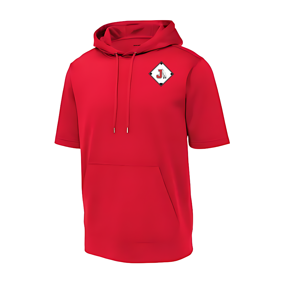 Red hoodie with a logo on the chest against a white background