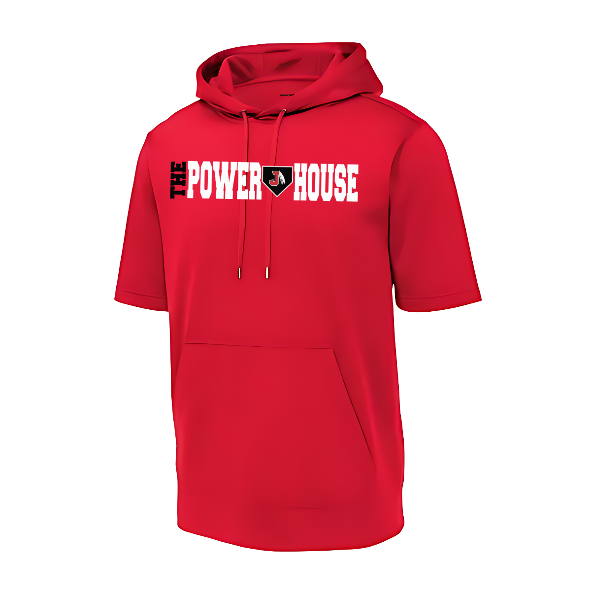 Red hoodie with 'The Power House' text on a white background