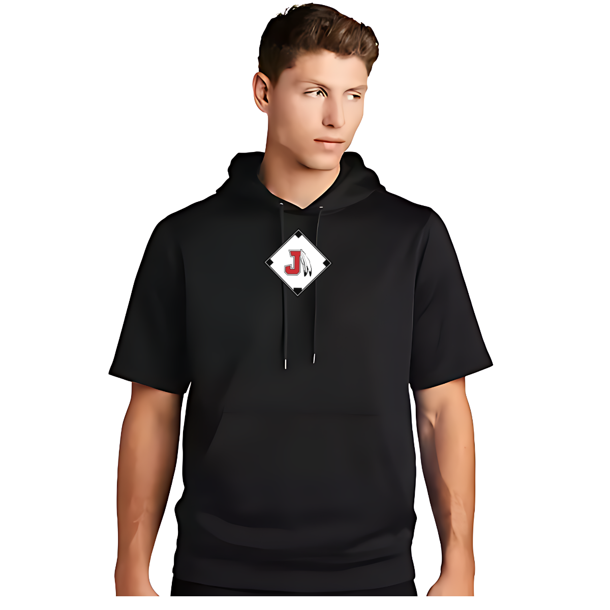 Person wearing a black hoodie with a logo on a white background