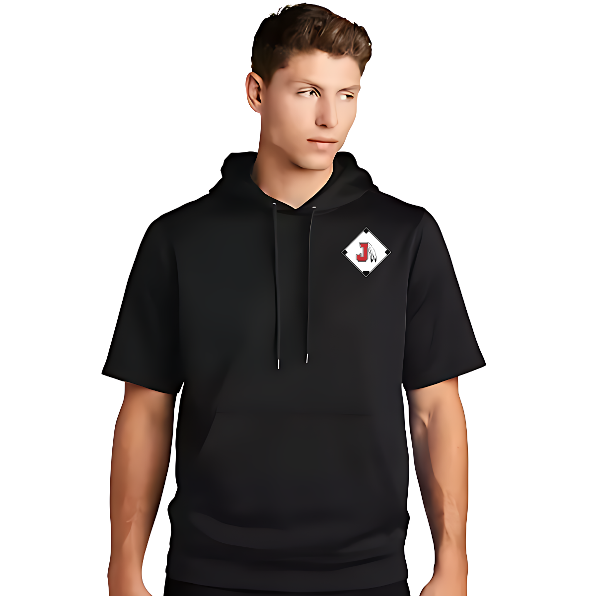 Person wearing a black hoodie with a logo on a white background