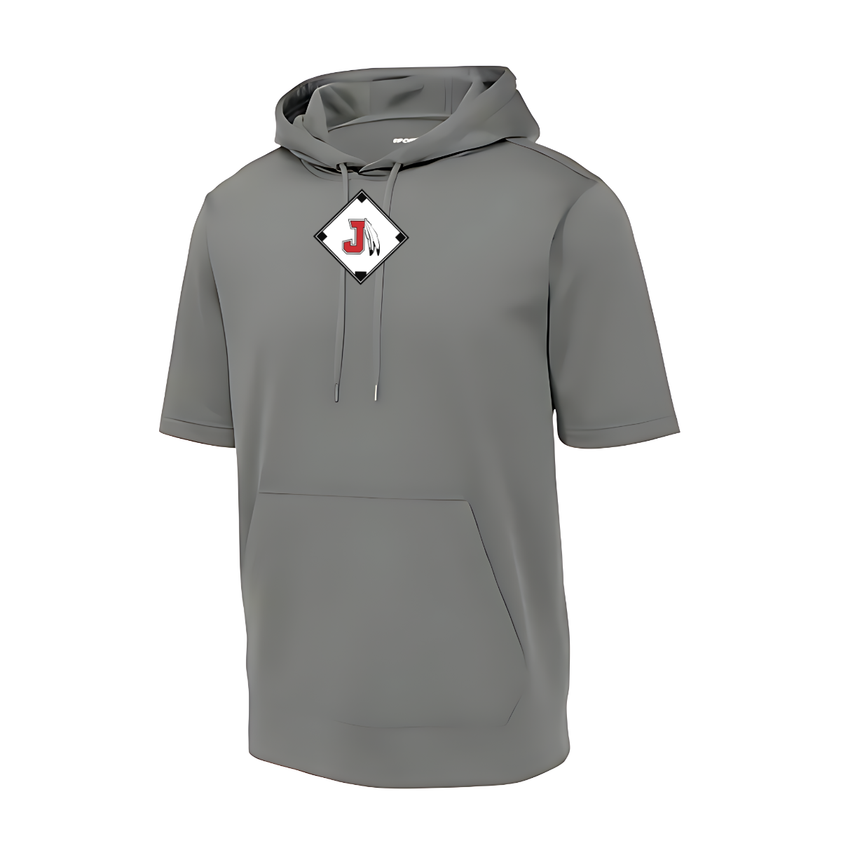 Gray hoodie with a logo on a white background