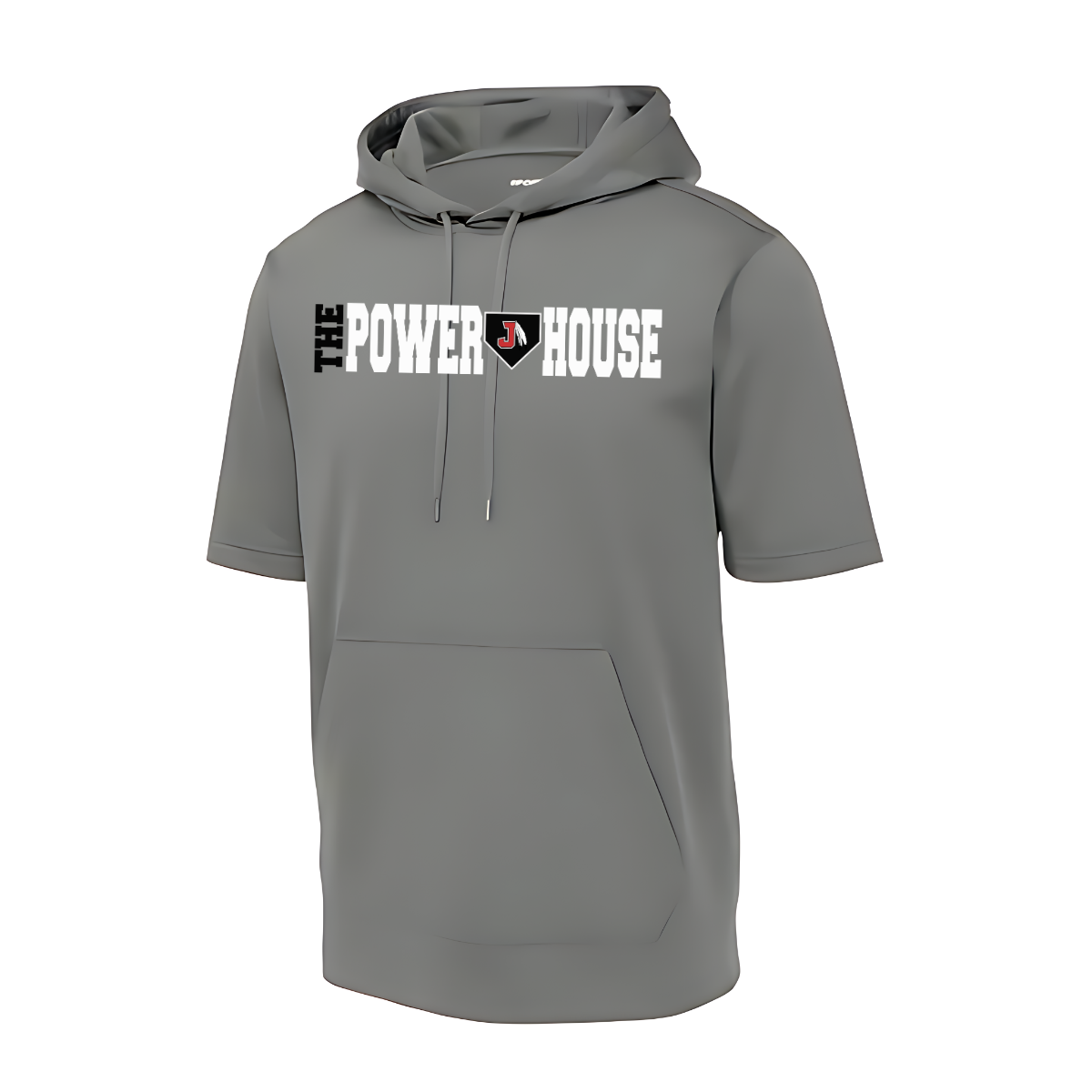 Gray hoodie with 'The Power House' text on a white background