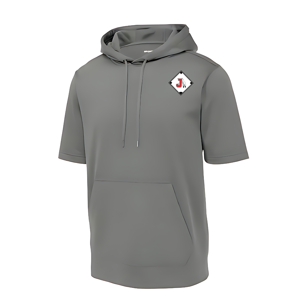Gray hoodie with a logo on the chest against a white background
