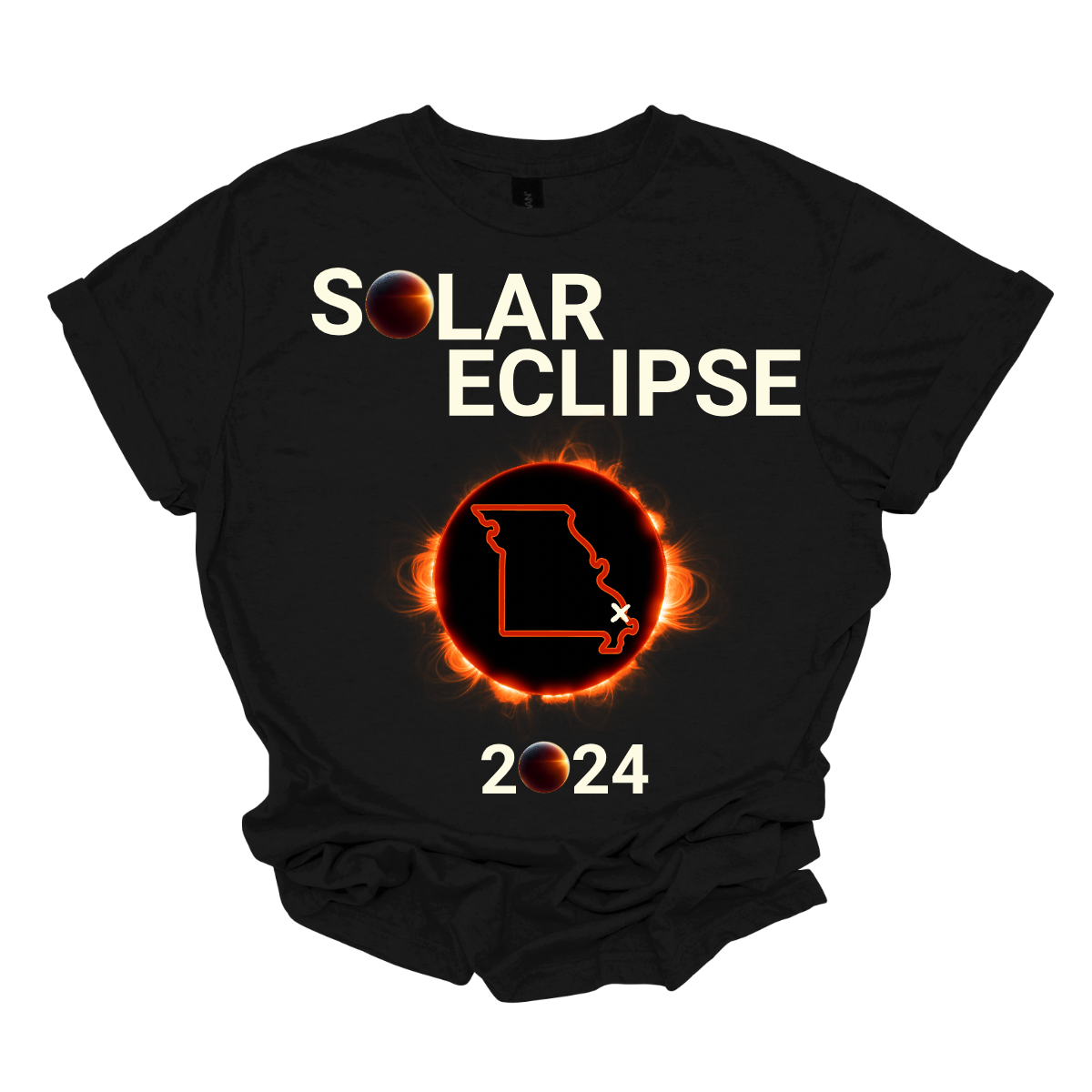 Embrace the celestial dance with our 'Solar Eclipse' t-shirt! Capturing the awe-inspiring beauty of the cosmos, this design features the mesmerizing moment when the moon gracefully eclipses the sun over the iconic silhouette of Missouri. Shop at Gorgeousware.com