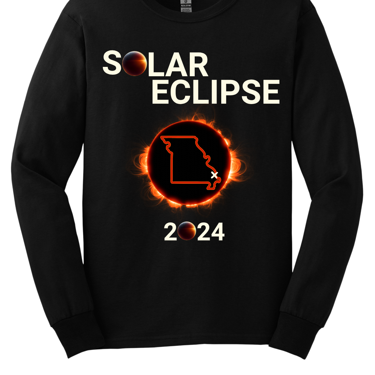 Embrace the celestial dance with our 'Solar Eclipse' t-shirt! Capturing the awe-inspiring beauty of the cosmos, this design features the mesmerizing moment when the moon gracefully eclipses the sun over the iconic silhouette of Missouri.  Shop at Gorgeousware.com