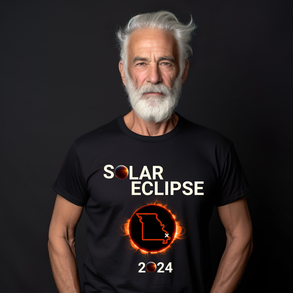 Embrace the celestial dance with our 'Solar Eclipse' t-shirt! Capturing the awe-inspiring beauty of the cosmos, this design features the mesmerizing moment when the moon gracefully eclipses the sun over the iconic silhouette of Missouri.  Shop at Gorgeousware.com