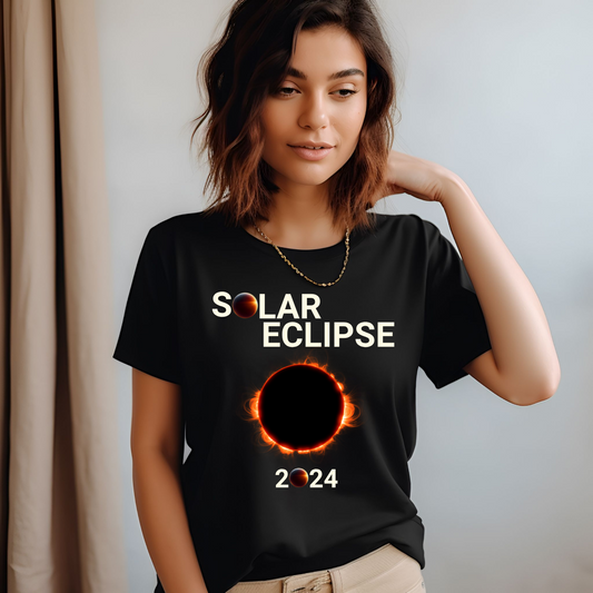 Step into the cosmic spotlight with our mesmerizing Solar Eclipse t-shirt featuring a captivating twist! Picture this: the moon gracefully eclipsing the sun, casting a mysterious shadow across the sky.  Within the darkened embrace of the moon, a subtle yet striking tribute to the momentous solar eclipse of 2024. Shop at Gorgeousware.com today!