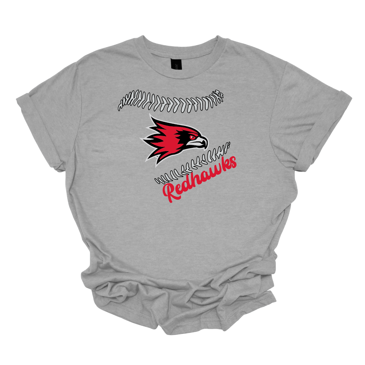 Gray t-shirt with red and black redhawk logo and 'Redhawks' text on a white background