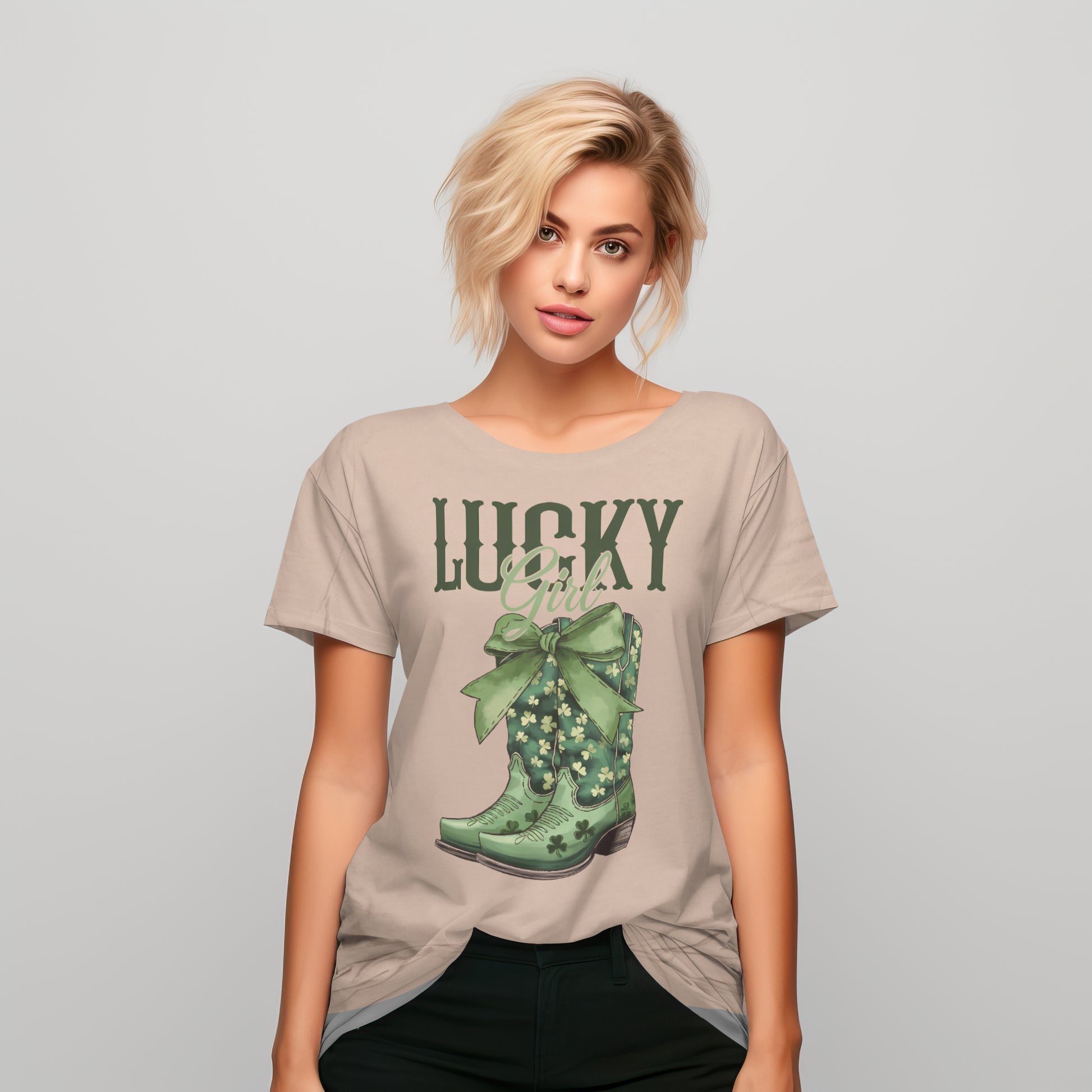 This St. Patrick's Day t-shirt features the word "Lucky" in big, bold military green letters, inspired by the iconic Lucky brand style. Below, the word "girl" is elegantly written in a lighter green, beautiful font, adding a soft touch. Beneath it, a pair of cowgirl boots with a large green bow at the top make a statement. Celebrate in style this St. Patrick's Day with this charming design, available at Gorgeousware.com