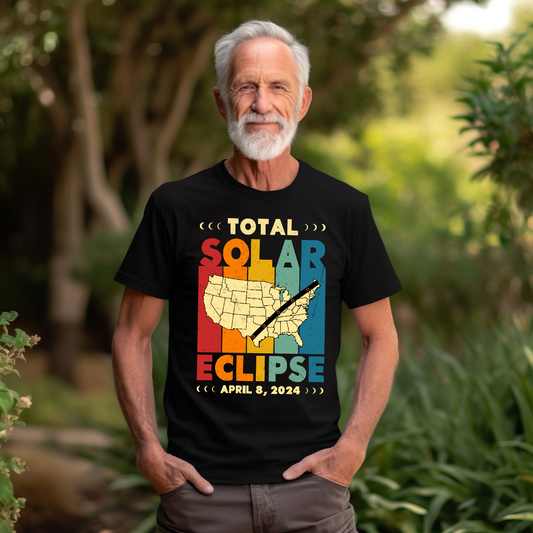 Step back in time with our 'Total Solar Eclipse" retro-inspired t-shirt! Featuring a vintage map of the USA with a charming path of totality, this design captures the essence of nostalgia and adventure. Boldly proclaiming 'Solar Eclipse' alongside the whimsical 'Total Solar Eclipse' message, it's a playful nod to the historic celestial event of 2024. Shop at Gorgeousware.com today!