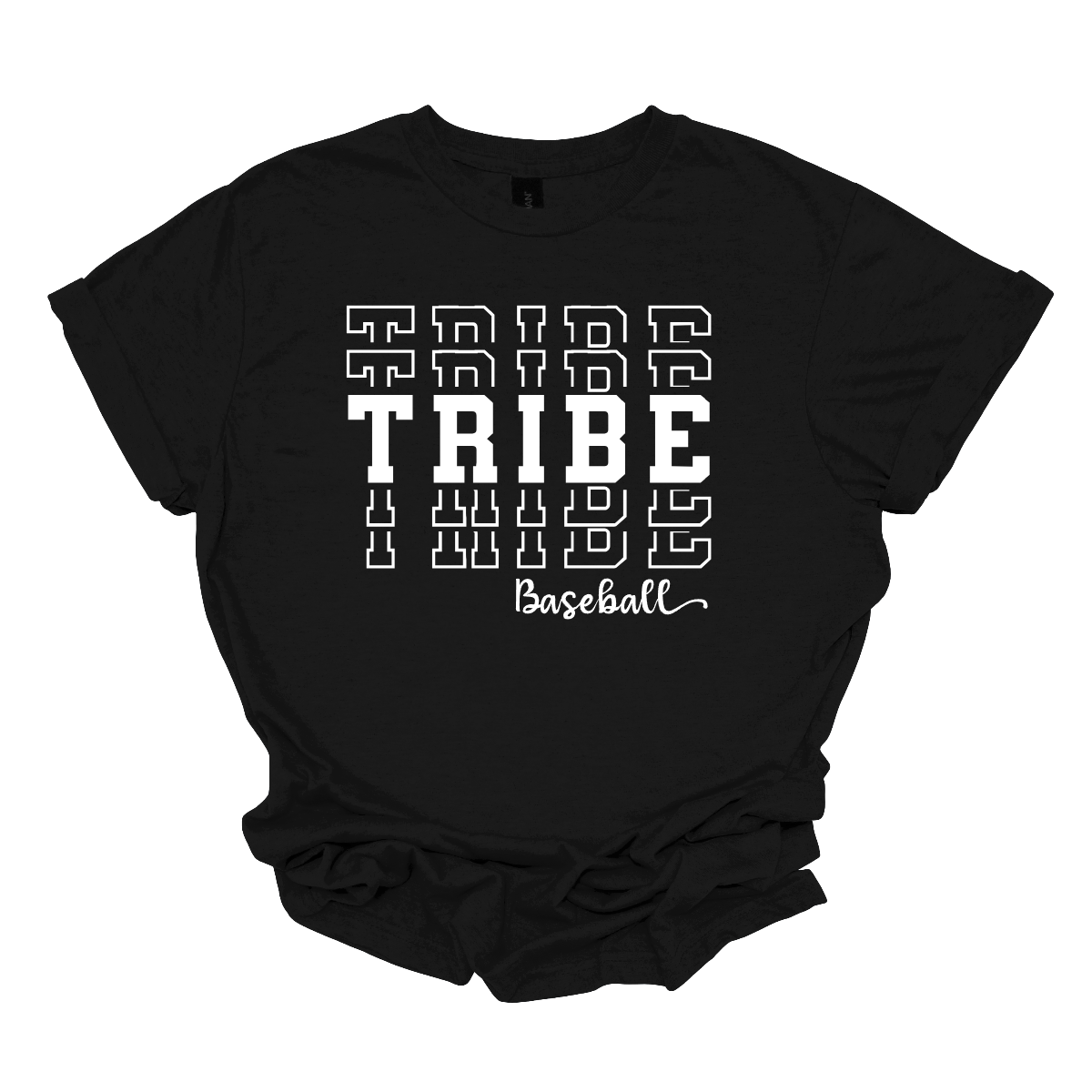 Imagine a stylish, top that has the word "Tribe" is prominently displayed in bold, stacked letters across the chest, capturing attention with its strong presence. Underneath, in a delicate and flowing cursive font, the word "baseball" is written smaller, adding a touch of elegance to the design. The overall look combines a sporty vibe with a sense of community, perfect for fans of the Jackson Tribe Baseball team. Shop at Gorgeousware.com