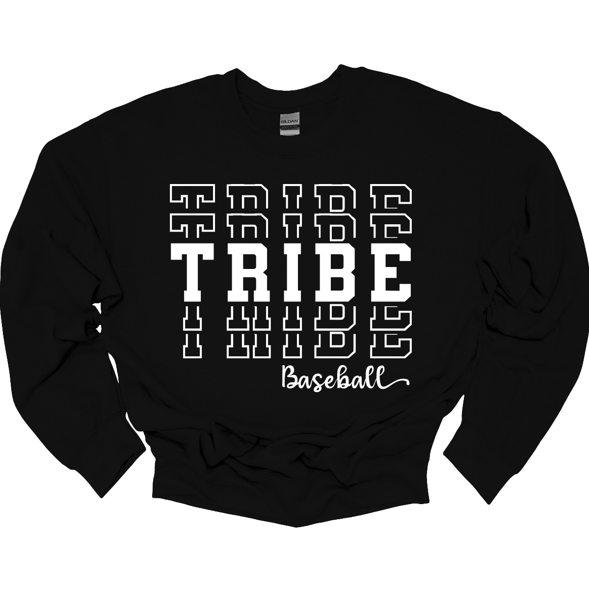 Imagine a stylish, top that has the word "Tribe" is prominently displayed in bold, stacked letters across the chest, capturing attention with its strong presence. Underneath, in a delicate and flowing cursive font, the word "baseball" is written smaller, adding a touch of elegance to the design. The overall look combines a sporty vibe with a sense of community, perfect for fans of the Jackson Tribe Baseball team. Shop at Gorgeousware.com