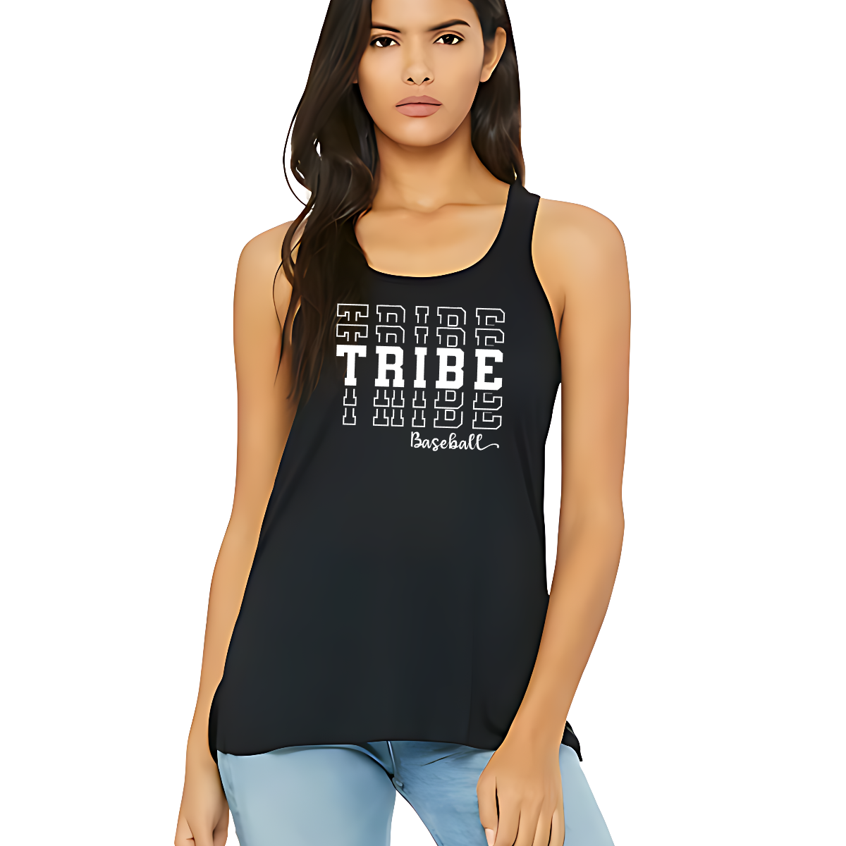 Imagine a stylish, top that has the word "Tribe" is prominently displayed in bold, stacked letters across the chest, capturing attention with its strong presence. Underneath, in a delicate and flowing cursive font, the word "baseball" is written smaller, adding a touch of elegance to the design. The overall look combines a sporty vibe with a sense of community, perfect for fans of the Jackson Tribe Baseball team. Shop at Gorgeousware.com