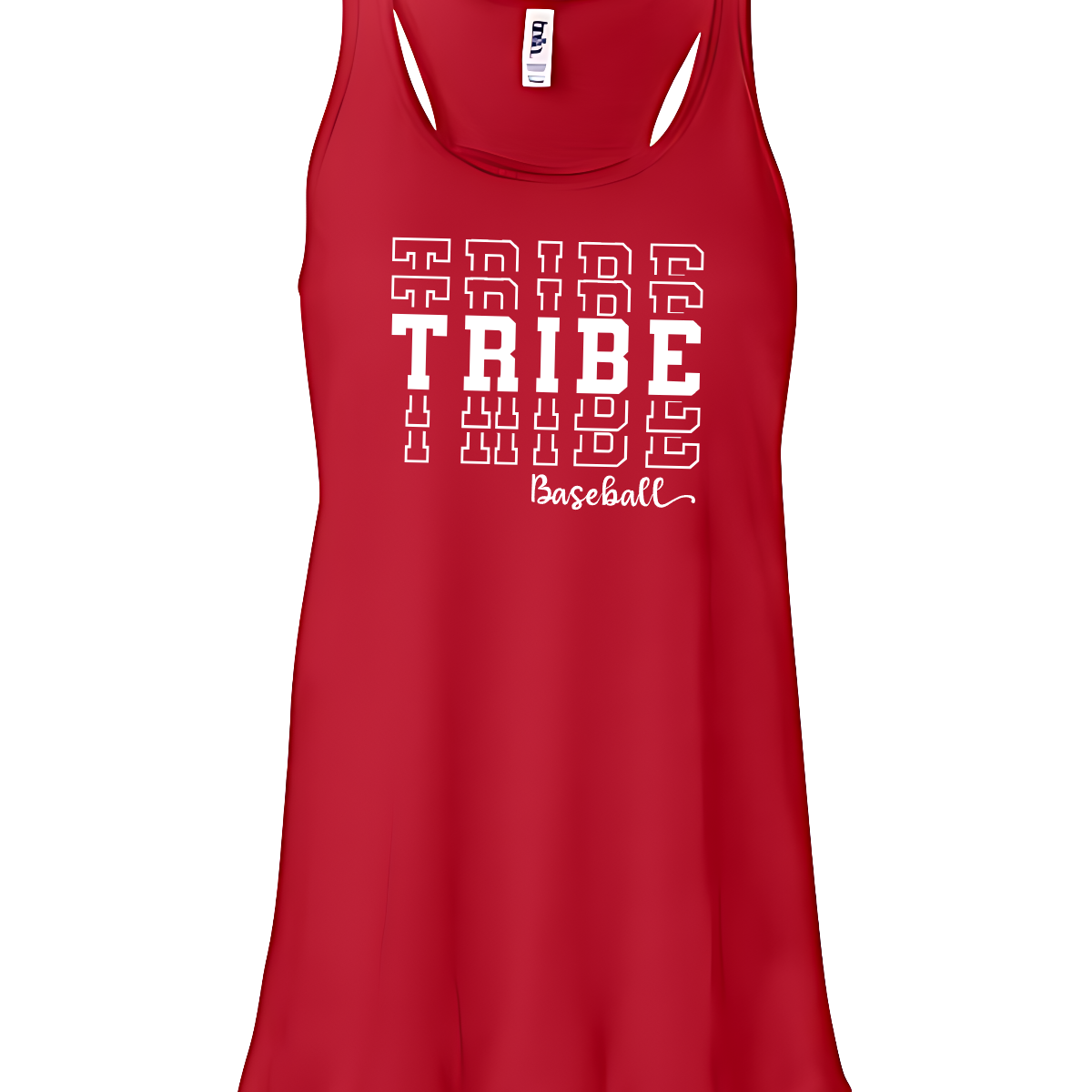 Imagine a stylish, top that has the word "Tribe" is prominently displayed in bold, stacked letters across the chest, capturing attention with its strong presence. Underneath, in a delicate and flowing cursive font, the word "baseball" is written smaller, adding a touch of elegance to the design. The overall look combines a sporty vibe with a sense of community, perfect for fans of the Jackson Tribe Baseball team. Shop at Gorgeousware.com