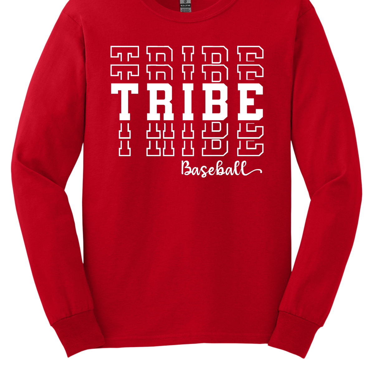 Imagine a stylish, top that has the word "Tribe" is prominently displayed in bold, stacked letters across the chest, capturing attention with its strong presence. Underneath, in a delicate and flowing cursive font, the word "baseball" is written smaller, adding a touch of elegance to the design. The overall look combines a sporty vibe with a sense of community, perfect for fans of the Jackson Tribe Baseball team. Shop at Gorgeousware.com